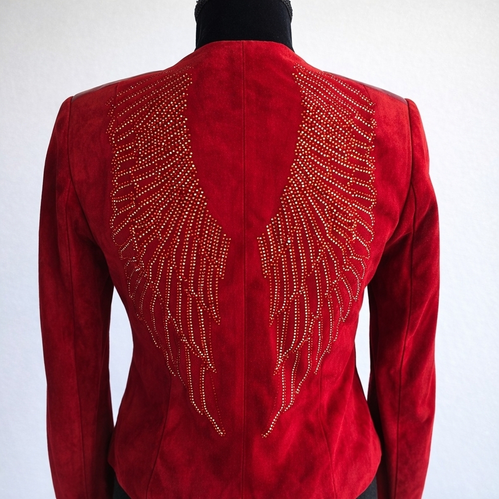 Elegant Ottimo Red Leather Jacket with Wing Embellishments Size Xs